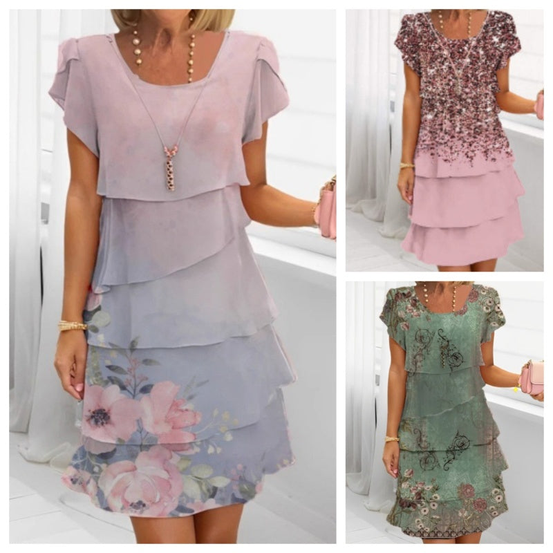 🔥👗Rochie de tort elegantă cu imprimare florală și gât rotund