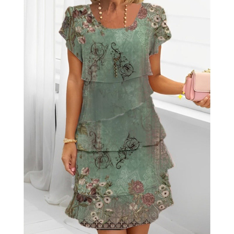 🔥👗Rochie de tort elegantă cu imprimare florală și gât rotund