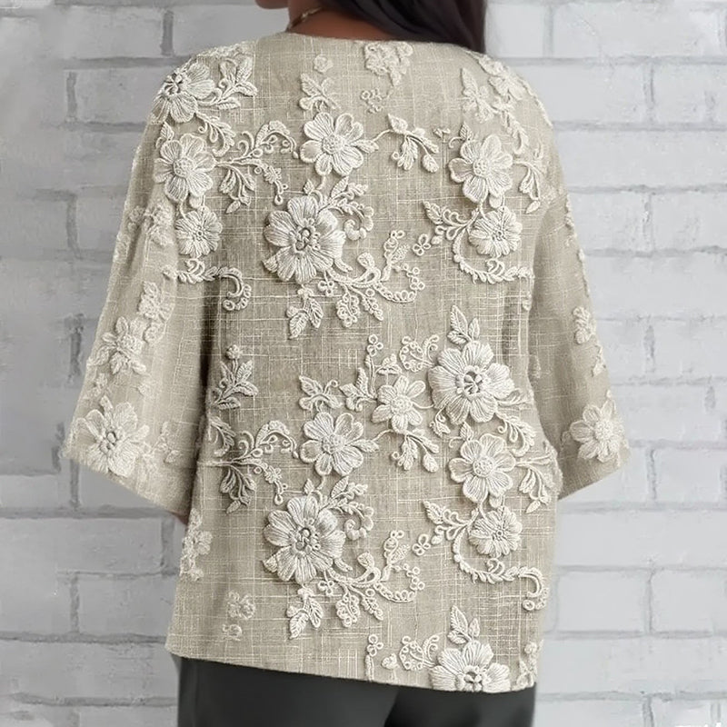🔥👚Luźny top z rękawem 3/4 z kwiatowym nadrukiem 3D