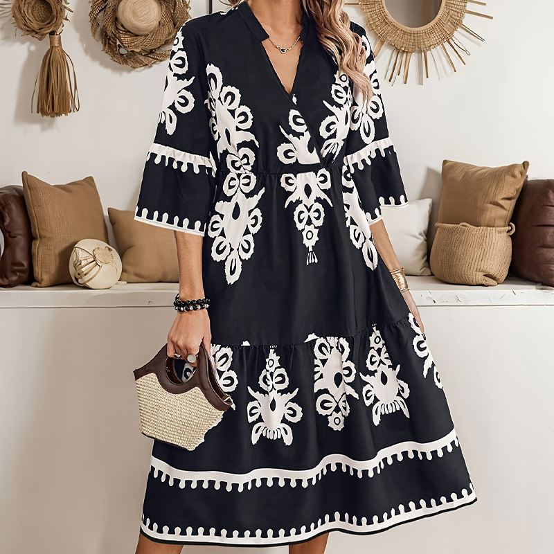 🔥👗Casualowa sukienka z nadrukiem i dekoltem w serek