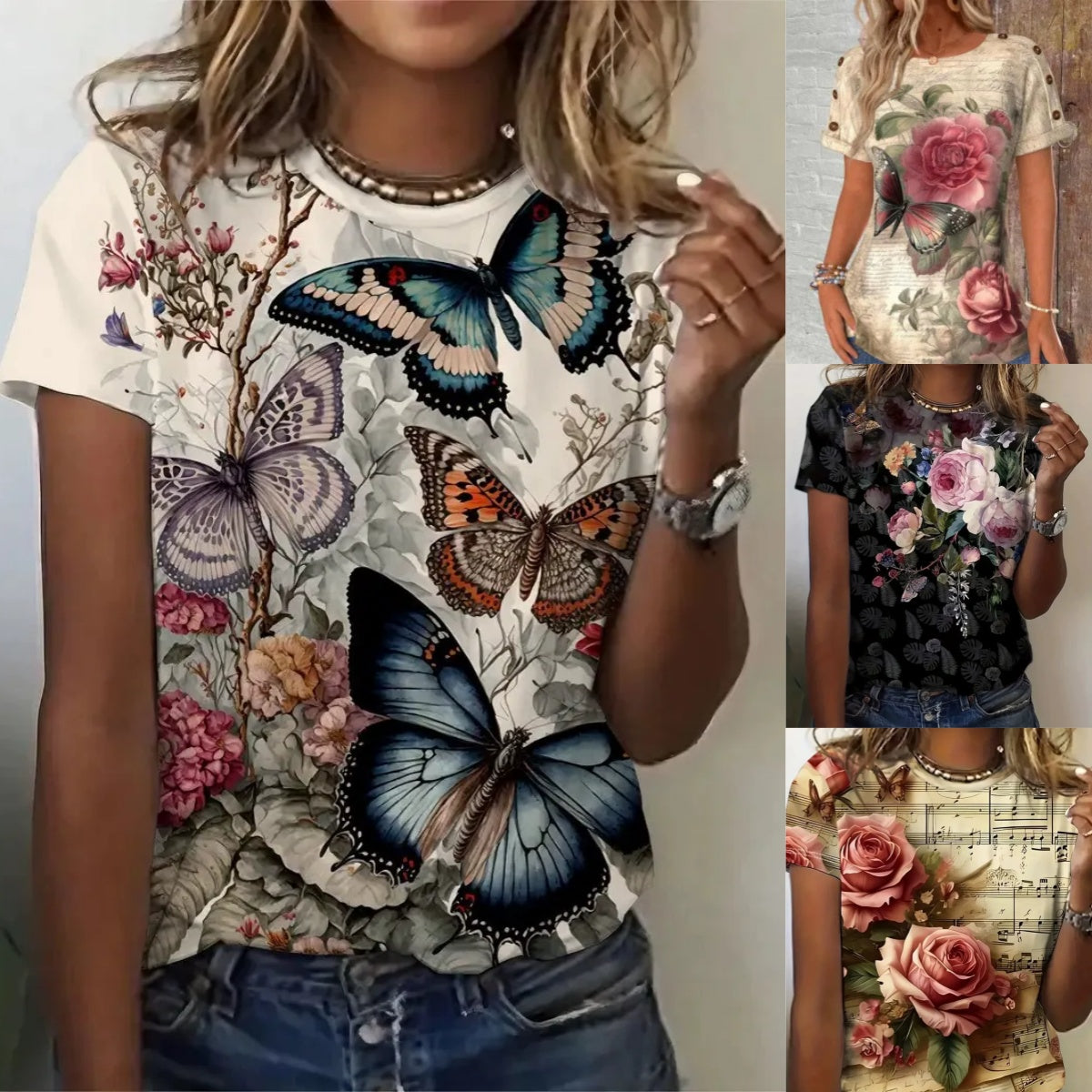 🔥👚Kobiety drukowane okrągłej szyi krótki rękaw Góra