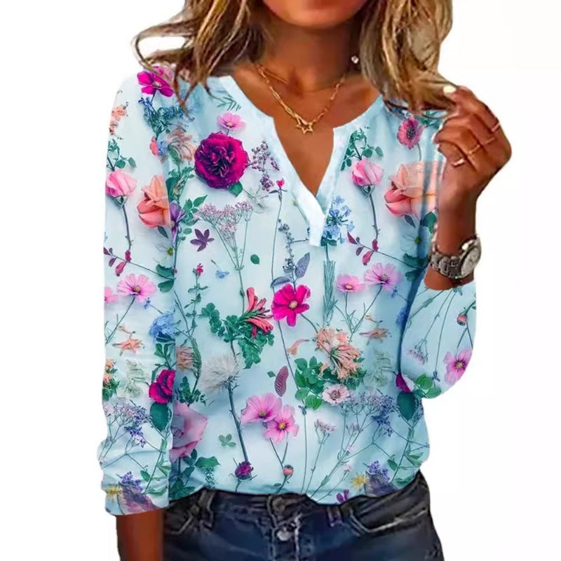 🔥👚Elegancka bluzka z długimi rękawami i kwiatowym nadrukiem