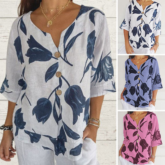 🔥👚2025💐Damski lniany luźny top z dekoltem w szpic