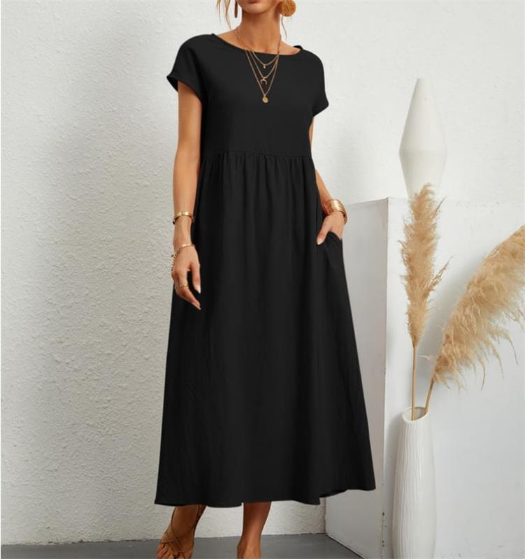 🔥👗Modna jednokolorowa bawełniana lniana sukienka z kieszeniami