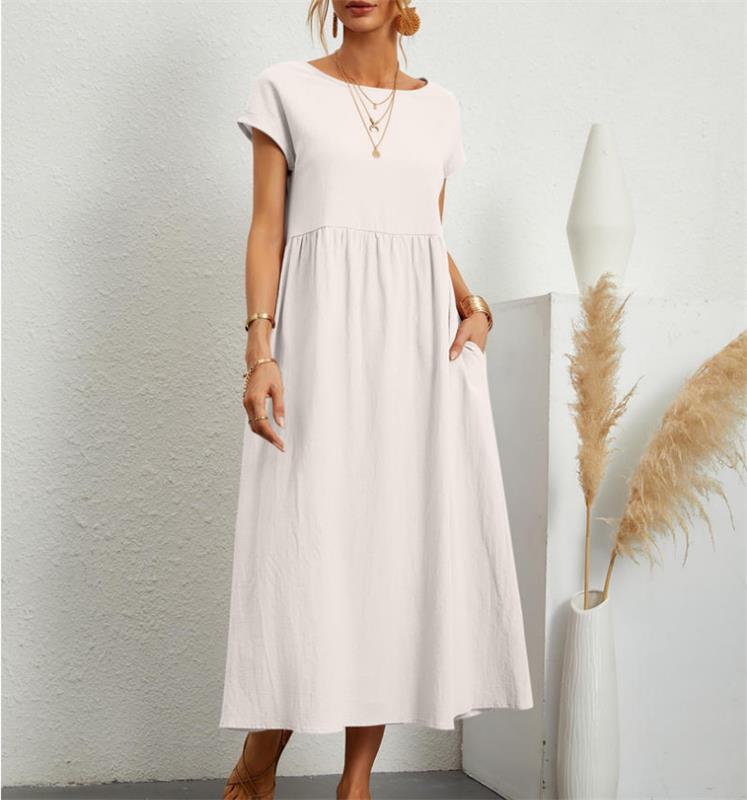 🔥👗Modna jednokolorowa bawełniana lniana sukienka z kieszeniami