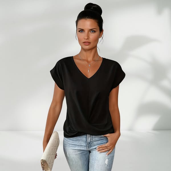 🔥👚 Casual Krótki Rękaw Elegancki T-shirt z Dekoltem w Serek