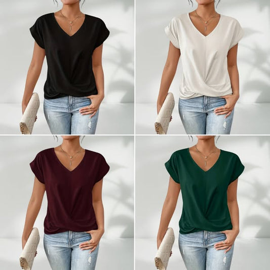 🔥👚 Casual Krótki Rękaw Elegancki T-shirt z Dekoltem w Serek