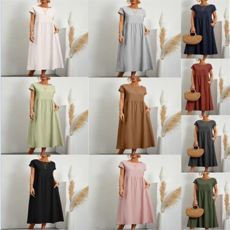 🔥👗Modna jednokolorowa bawełniana lniana sukienka z kieszeniami