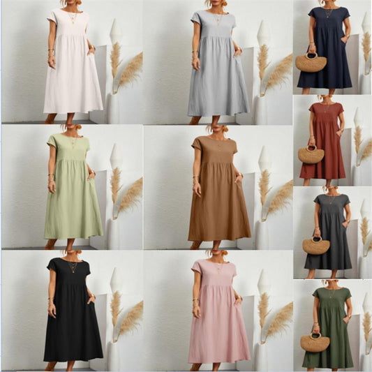 🔥👗Modna jednokolorowa bawełniana lniana sukienka z kieszeniami