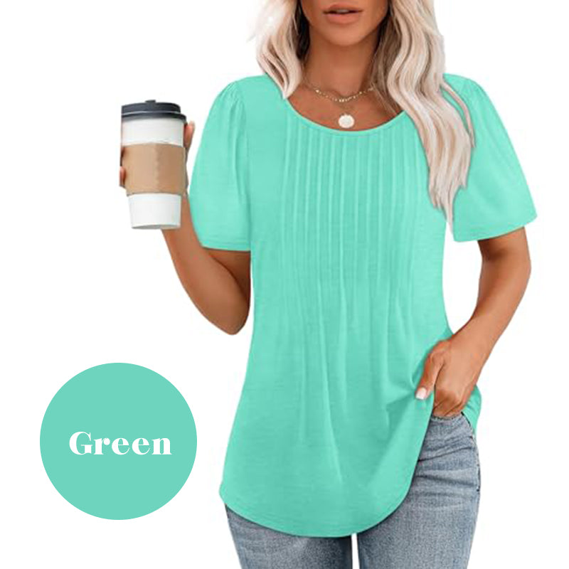 🔥👚Damska letnia koszulka z krótkim rękawem i okrągłym dekoltem plisowana