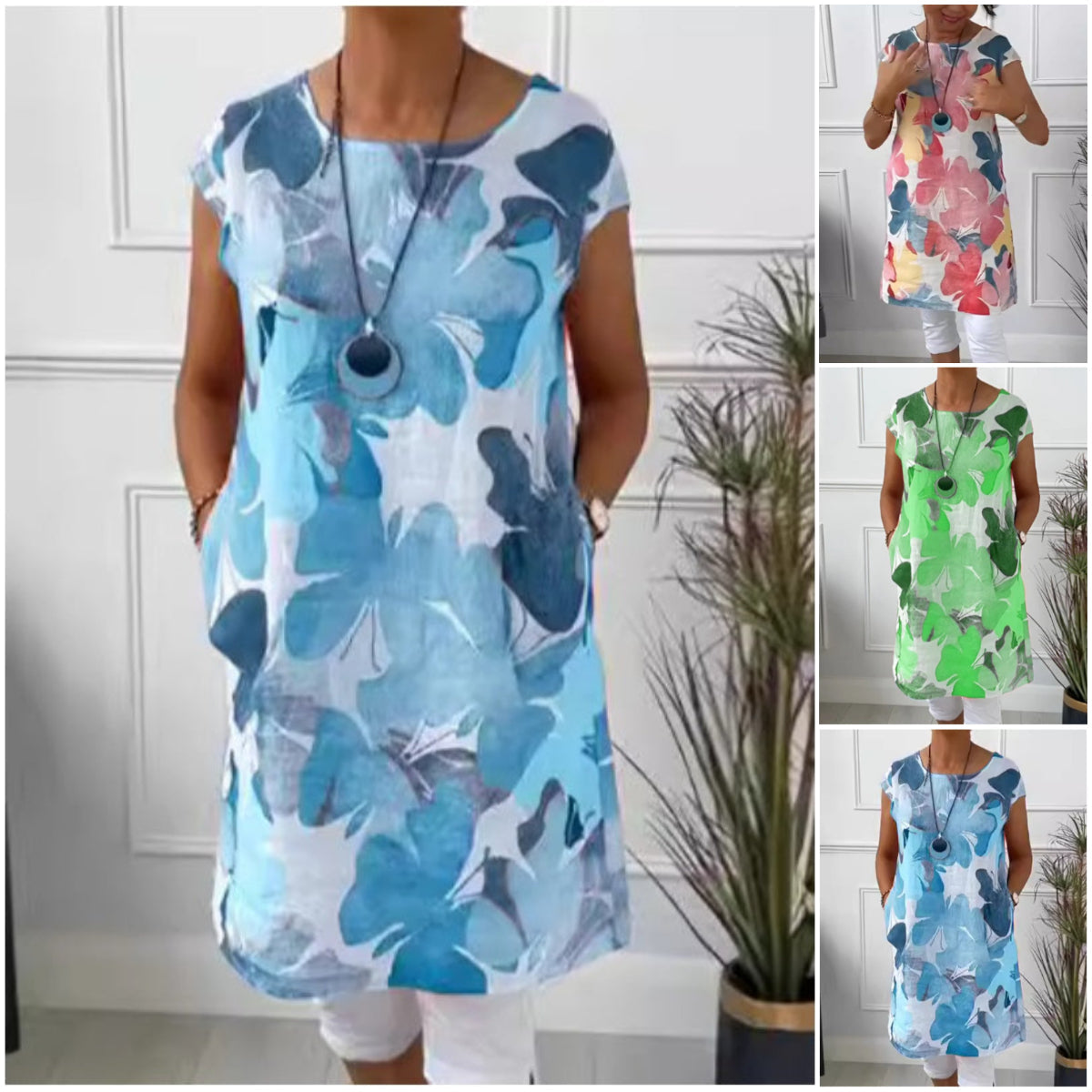 🔥👗Luźna sukienka do kolan z wzorem w motyle✨