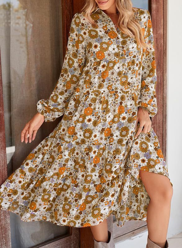 🌸Specjalne okazje wiosenne💐 Damska sukienka midi w stylu boho z długim rękawem i dekoltem w serek