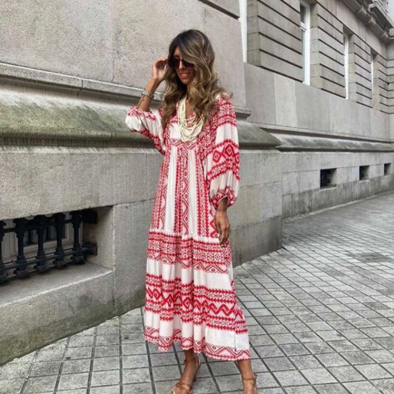🔥👗 Damska Elegancka Sukienka Maxi z Puff Rękawami i Kwiatowym Wzorem