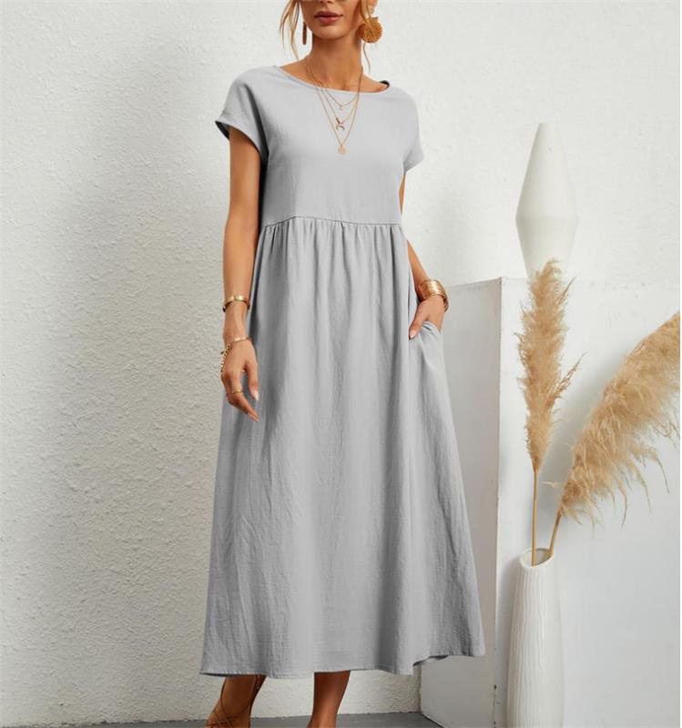 🔥👗Modna jednokolorowa bawełniana lniana sukienka z kieszeniami