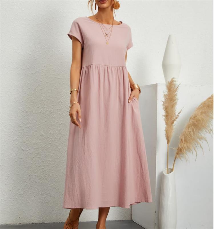 🔥👗Modna jednokolorowa bawełniana lniana sukienka z kieszeniami