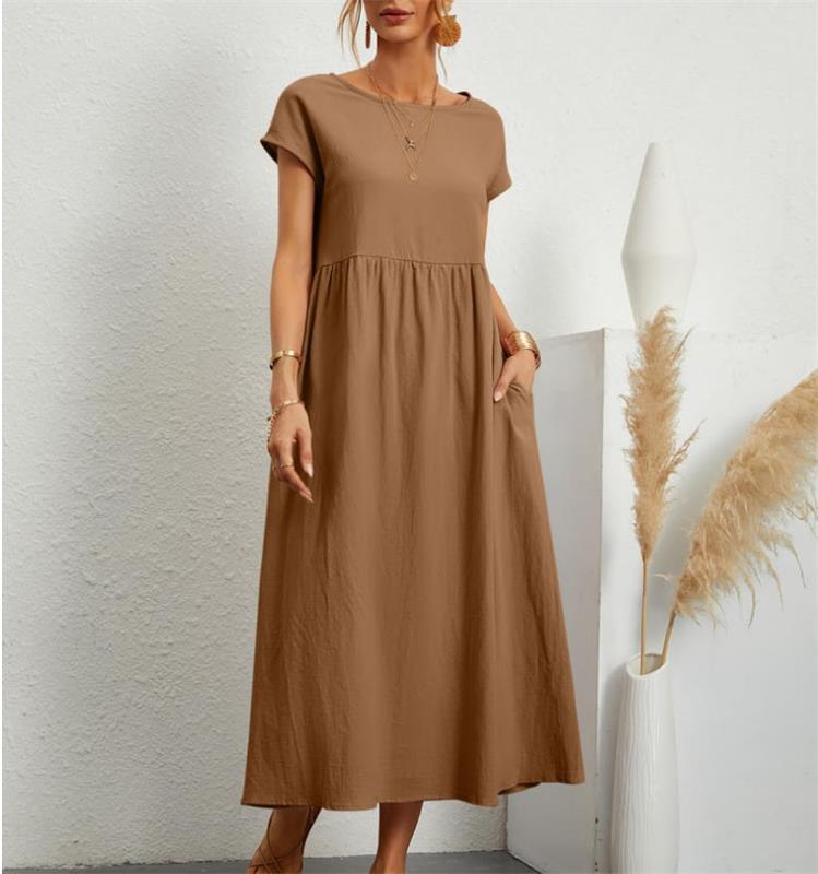 🔥👗Modna jednokolorowa bawełniana lniana sukienka z kieszeniami