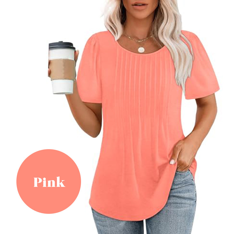 🔥👚Damska letnia koszulka z krótkim rękawem i okrągłym dekoltem plisowana