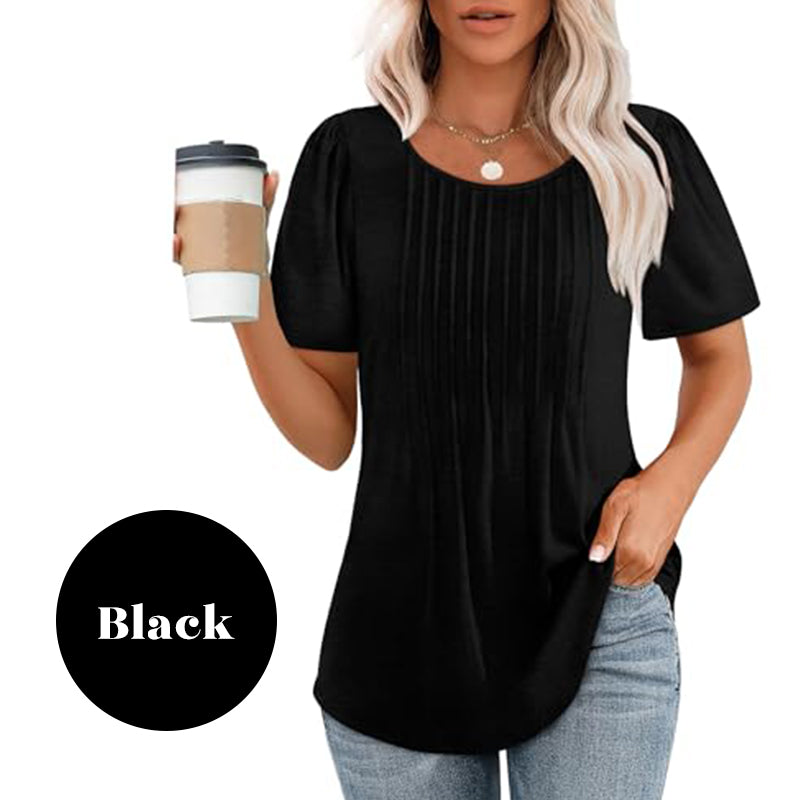 🔥👚Damska letnia koszulka z krótkim rękawem i okrągłym dekoltem plisowana