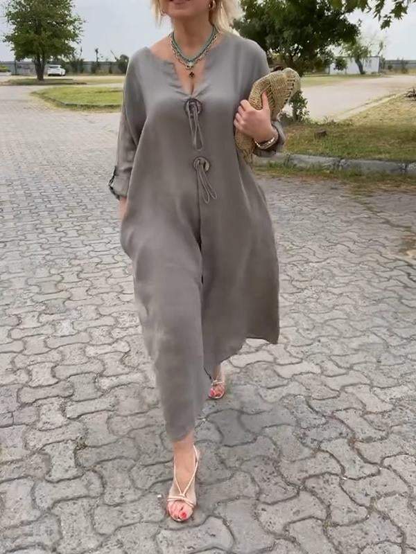 🔥👗Bawełniana i lniana sukienka z dekoltem V