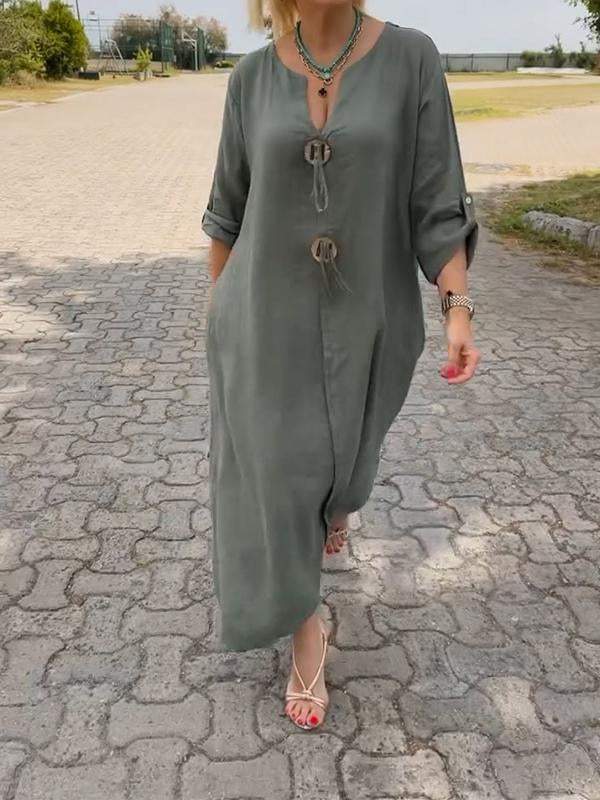 🔥👗Bawełniana i lniana sukienka z dekoltem V