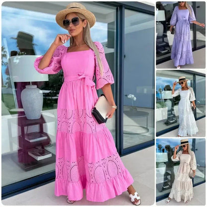 🔥👗Modna damska długa sukienka z wiązaniem w talii i kwadratowym dekoltem