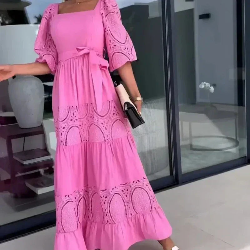 🔥👗Modna damska długa sukienka z wiązaniem w talii i kwadratowym dekoltem