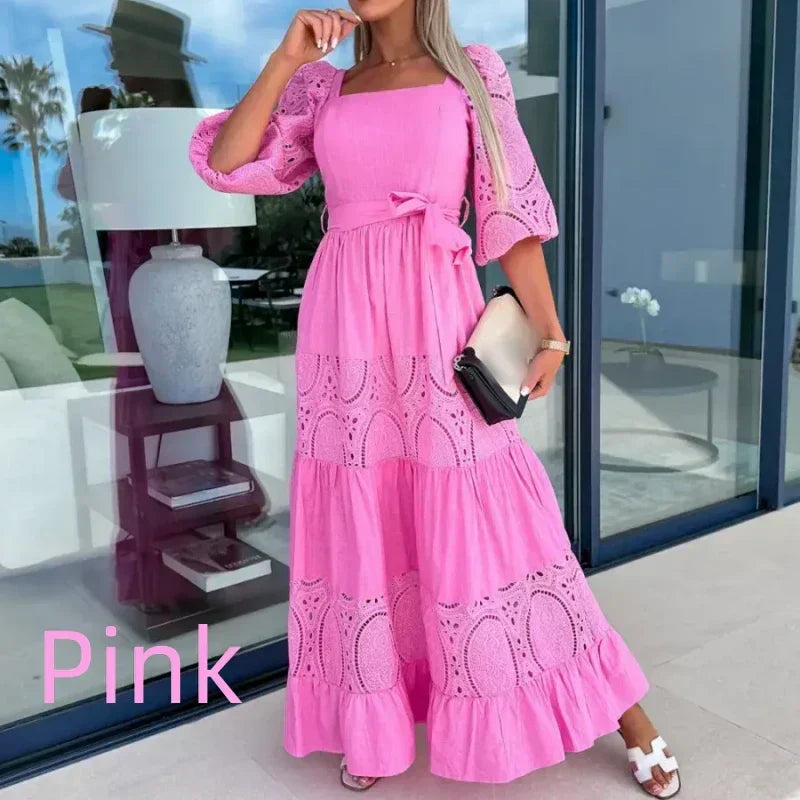 🔥👗Modna damska długa sukienka z wiązaniem w talii i kwadratowym dekoltem