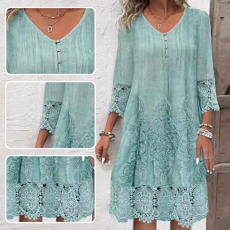 🔥👗Elegancka koronkowa sukienka damska z półrękawkiem i dekoltem w szpic