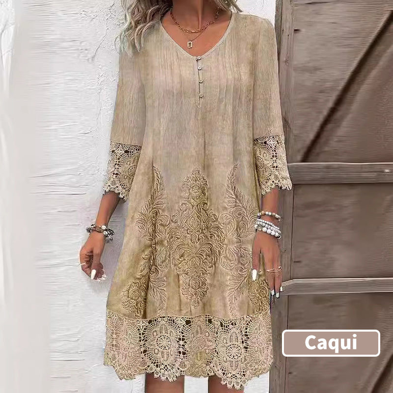 🔥👗Elegancka koronkowa sukienka damska z półrękawkiem i dekoltem w szpic