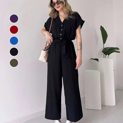 🔥👚👖Casualowy kombinezon damski z krótkim rękawem V-Neck