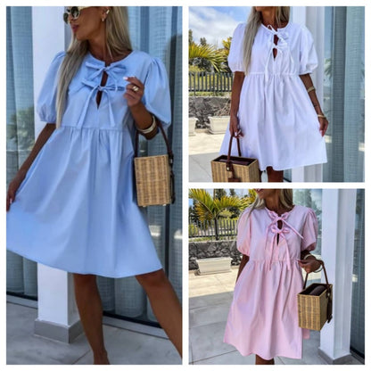 🔥👗Sukienka z bufiastym rękawem z kokardą z przodu w czystym kolorze