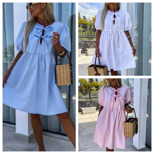 🔥👗Sukienka z bufiastym rękawem z kokardą z przodu w czystym kolorze