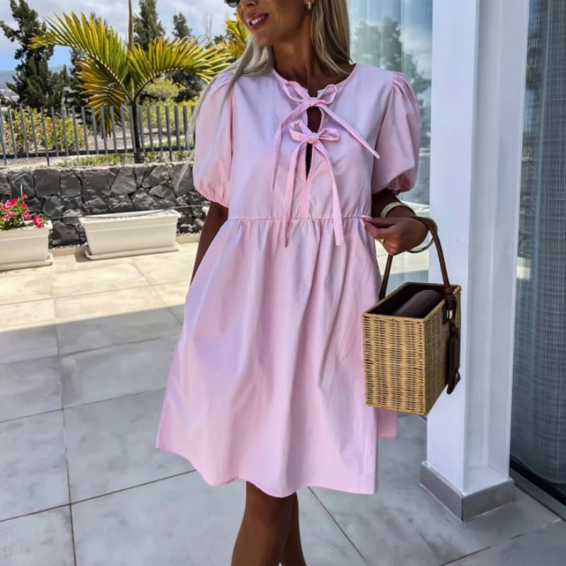 🔥👗Sukienka z bufiastym rękawem z kokardą z przodu w czystym kolorze