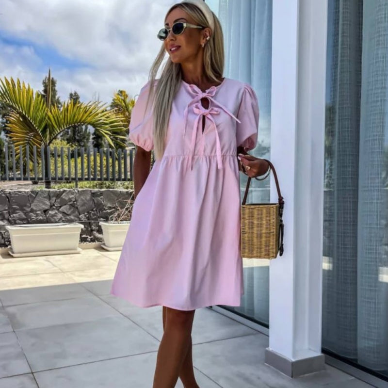 🔥👗Sukienka z bufiastym rękawem z kokardą z przodu w czystym kolorze