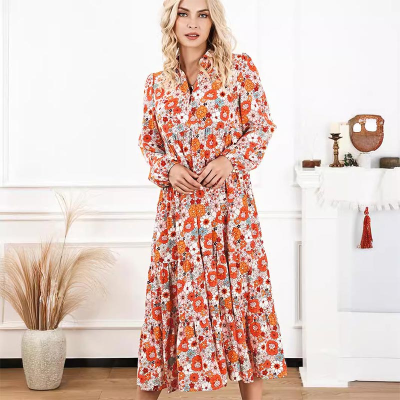 🌸Specjalne okazje wiosenne💐 Damska sukienka midi w stylu boho z długim rękawem i dekoltem w serek
