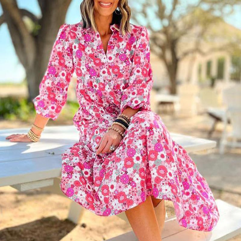 🌸Specjalne okazje wiosenne💐 Damska sukienka midi w stylu boho z długim rękawem i dekoltem w serek