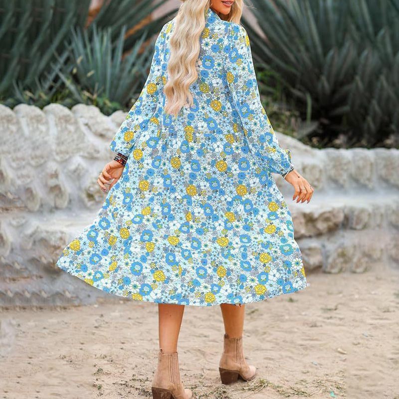 🌸Specjalne okazje wiosenne💐 Damska sukienka midi w stylu boho z długim rękawem i dekoltem w serek