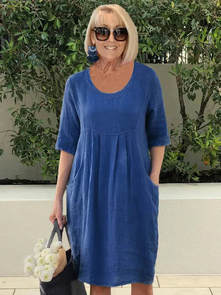 🔥👗Jednokolorowa bawełniana lniana sukienka z kieszeniami
