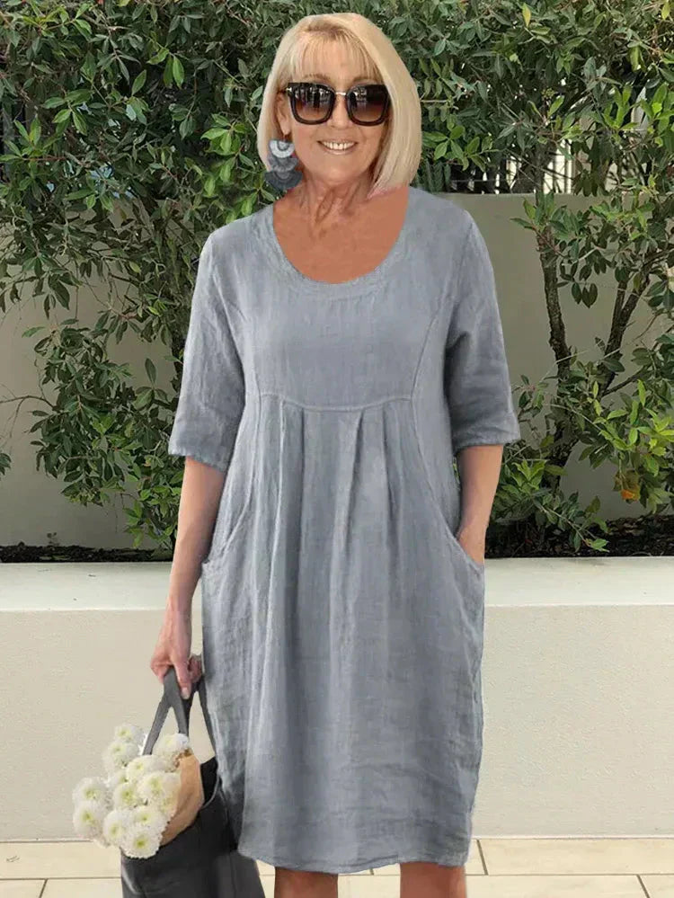 🔥👗Jednokolorowa bawełniana lniana sukienka z kieszeniami