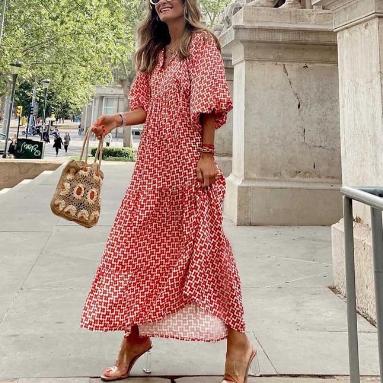 🔥👗 Damska Elegancka Sukienka Maxi z Puff Rękawami i Kwiatowym Wzorem