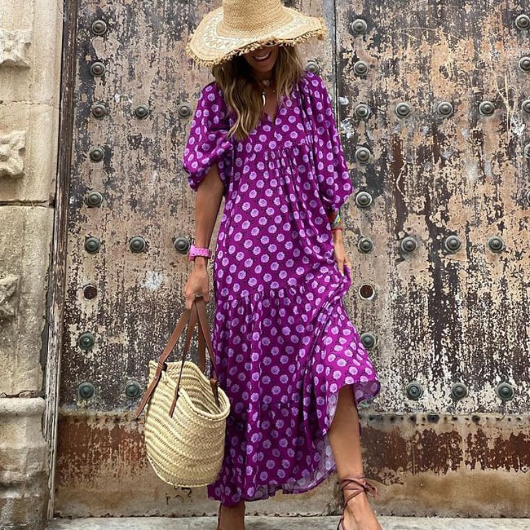 🔥👗 Damska Elegancka Sukienka Maxi z Puff Rękawami i Kwiatowym Wzorem