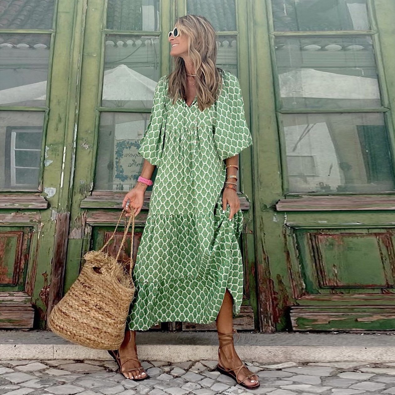 🔥👗 Damska Elegancka Sukienka Maxi z Puff Rękawami i Kwiatowym Wzorem