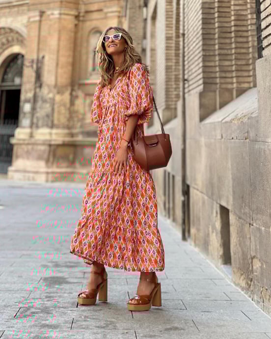 🔥👗 Damska Elegancka Sukienka Maxi z Puff Rękawami i Kwiatowym Wzorem