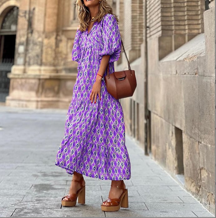 🔥👗 Damska Elegancka Sukienka Maxi z Puff Rękawami i Kwiatowym Wzorem