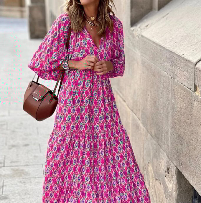 🔥👗 Damska Elegancka Sukienka Maxi z Puff Rękawami i Kwiatowym Wzorem