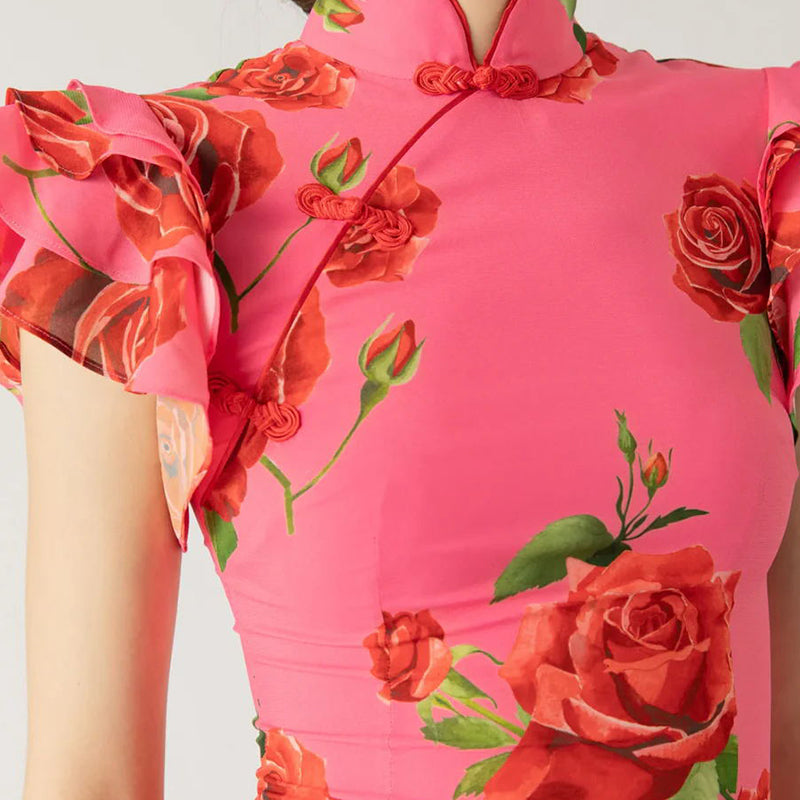 🔥👗Sukienka maxi w stylu Cheongsam z rozkloszowanymi rękawami i różową wstawką