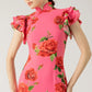 🔥👗Sukienka maxi w stylu Cheongsam z rozkloszowanymi rękawami i różową wstawką