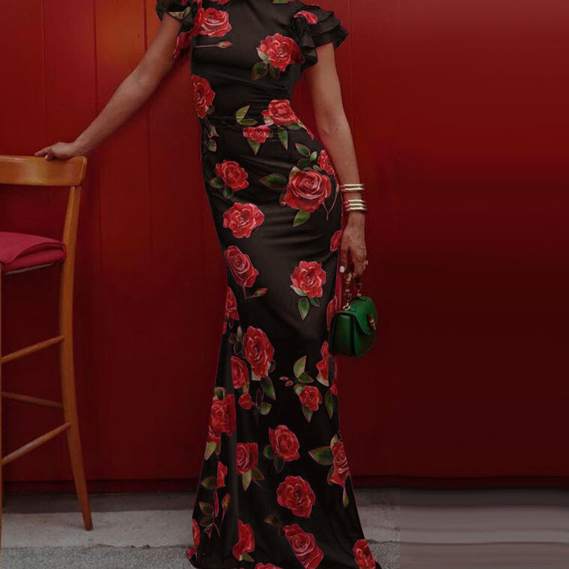 🔥👗Sukienka maxi w stylu Cheongsam z rozkloszowanymi rękawami i różową wstawką