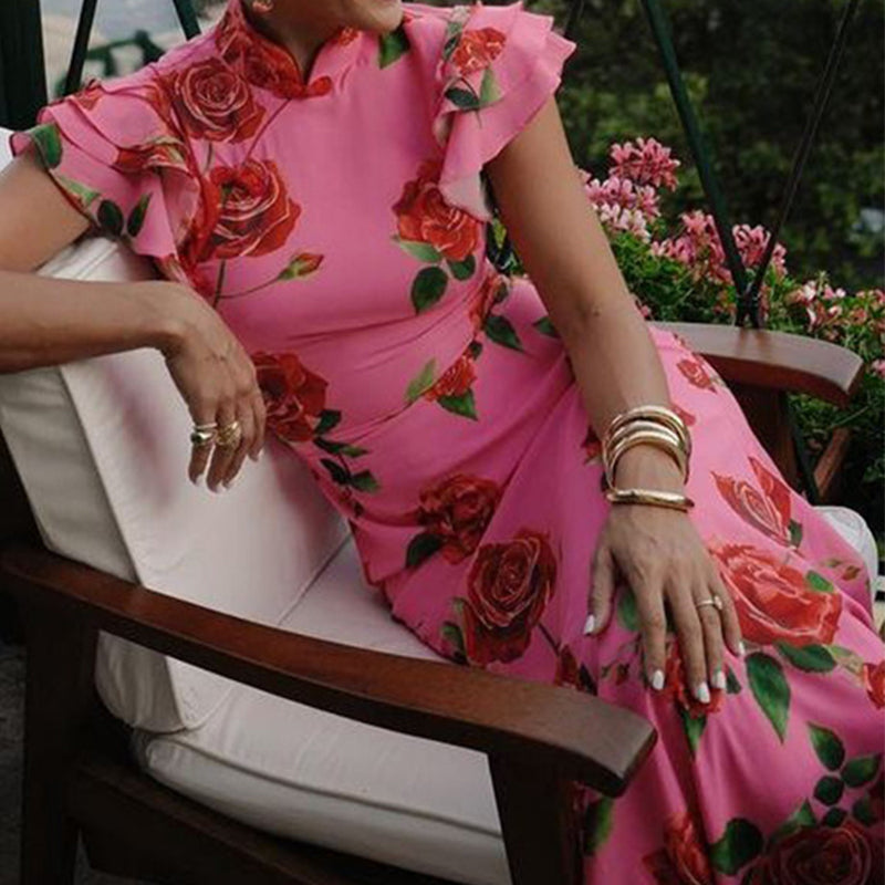 🔥👗Sukienka maxi w stylu Cheongsam z rozkloszowanymi rękawami i różową wstawką