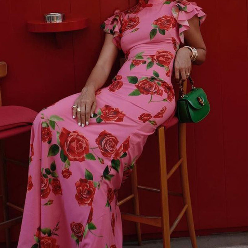 🔥👗Sukienka maxi w stylu Cheongsam z rozkloszowanymi rękawami i różową wstawką
